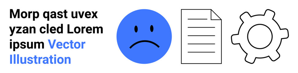 Fototapeta premium Workflow, productivity, emotional expression, system settings, office tools, technology usage. Sad face in blue circle, document gear icon in line style. Workflow and productivity concept