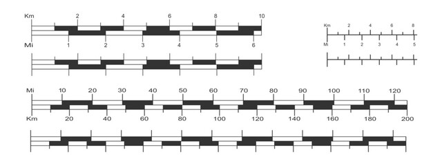 Set of different line and bar map scales with kilometers and miles. Distance measurement chart templates for navigation. Cartography elements isolated on white background. Vector graphic illustration