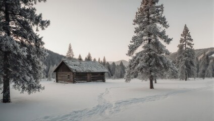 Rustic Wooden Cabin Nestled in a Serene Winter Wonderland with Snow Covered Trees.