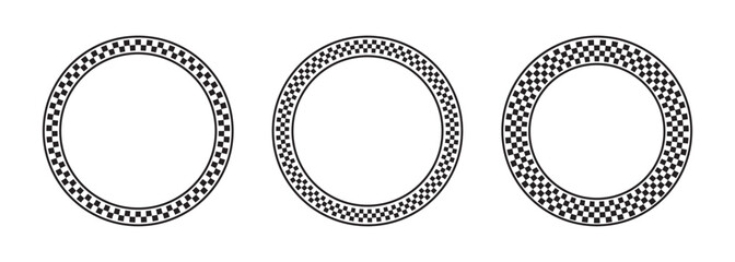 Set of checkered round frames. Vignettes with checkerboard, rally flag or chess game plane black and white print. Circular geometric frameworks. Vector graphic illistration