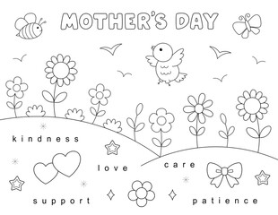 letter paper size (8.5x 11 inches) easy mother's day coloring pages for adults. cute black and white design with flowers. Exclusive on Adobe Stock.