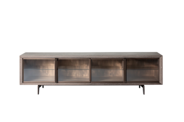 Long, low media console with four cabinet doors on metal legs
