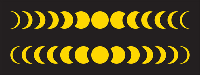 Moon phases. New, quarter, crescent and full Luna or eclipse yellow silhouettes isolated on black background. Lunar calendar cycle. Astrology sings. Mystic boho symbols. Vector flat illustration