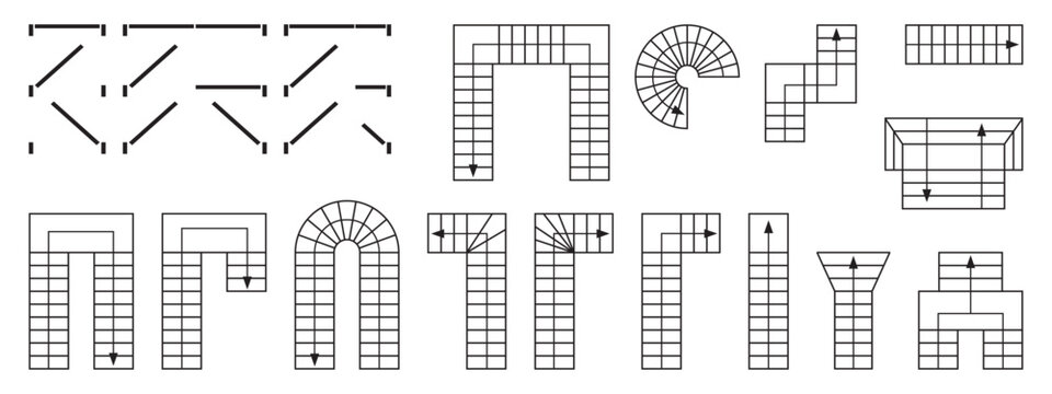 Set of doors and stairs pictograms for floorplan blueprint. Elements for interior design draft isolated on white background. Symbols for 2D architecture program. Vector graphic illustration