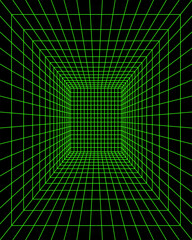 Rectangular green neon laser wireframe in perspective on black background. Room, portal or studio grid structure in futuristic cyberpank style. Metaverse or virtual reality space. Vector illustration