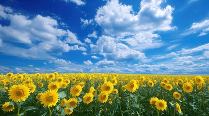 Bright Sunflower Field Under Blue Sky Summer Landscape