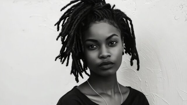 A young woman with a strong gaze and dreadlocks stares off to the side.