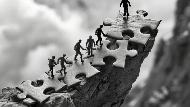 A team of adventurous climbers trekking along a rugged cliff side with safety gear.