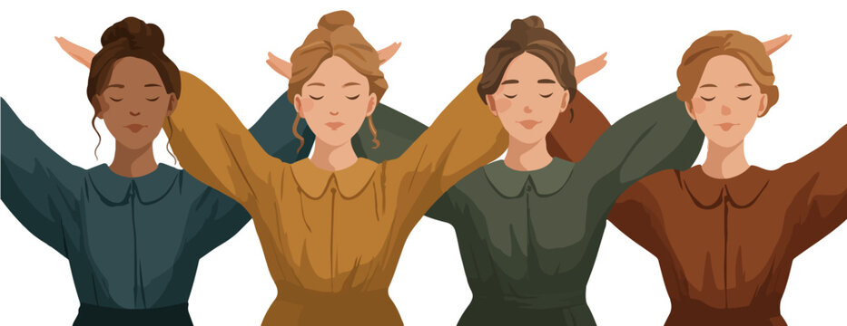 Vier Frauen in traditioneller Kleidung halten sich die Ohren zu, Konzept der Stille und des Zuh&ouml;rens.