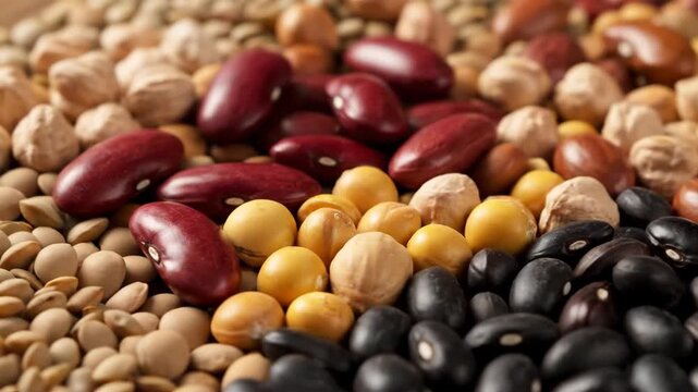 A rich, earthy close-up of diverse dried legumes and beans, including kidney and black beans, presented together as a nutritious food concept, captured with sharp focus and shallow depth of field.
