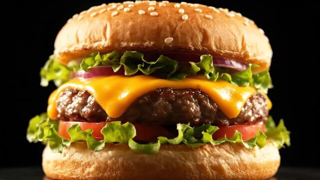 This appetizing, high-contrast studio shot captures a perfectly stacked gourmet cheeseburger with rich melted cheddar against a solid black background.