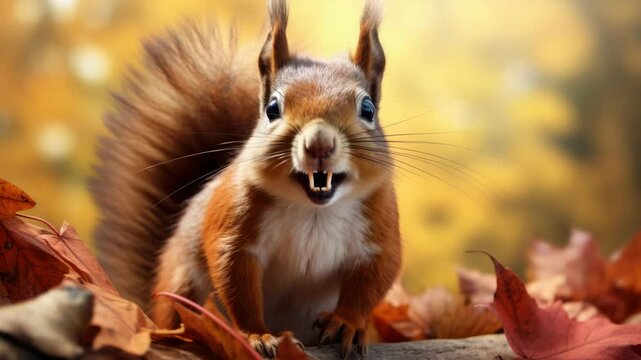 A brown squirrel standing on fallen leaves with a blurred autumn background. - Powered by Adobe