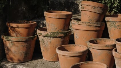 Rustic Terracotta Pots Stacked Outdoors in Natural Light.