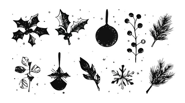 Handgezeichnete Schwarz-Wei&szlig;-Symbole f&uuml;r Weihnachten mit Stechpalme, Tanne und Schneeflocke auf transparentem Hintergrund.