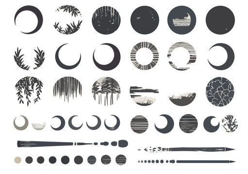 Sammlung abstrakter, dunkler Mondphasen-Symbole und Kreise mit botanischen und strukturierten Mustern auf Wei&szlig;.