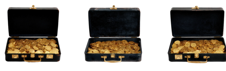 Briefcases, black, full of gold coins, opened, against black