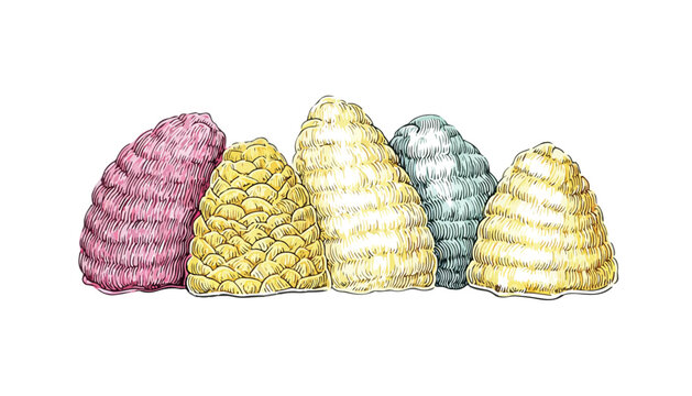 F&uuml;nf bunte, traditionelle Bienenk&auml;sten aus Stroh in Aquarell-Illustration mit transparentem Hintergrund.