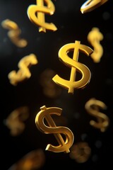 Golden Dollar Symbols Floating in Dark Financial Background