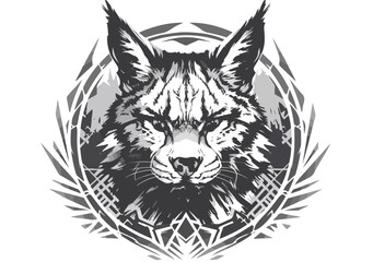Fototapeta premium Stilisiertes Schwarz-Weiß-Porträt eines Luchs-Kopfes mit geometrischem Rahmen, ideal für T-Shirt-Design.