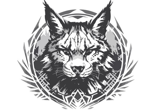 Stilisiertes Schwarz-Wei&szlig;-Portr&auml;t eines Luchs-Kopfes mit geometrischem Rahmen, ideal f&uuml;r T-Shirt-Design.
