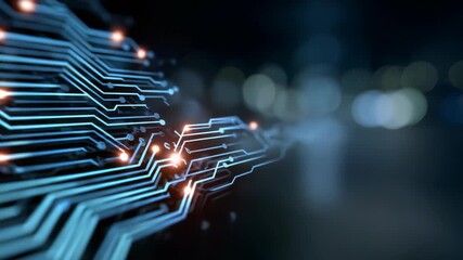Futuristic digital circuit board with glowing lines and nodes representing advanced technology and innovation. Abstract background symbolizes connectivity and high speed data transfer - Powered by Adobe