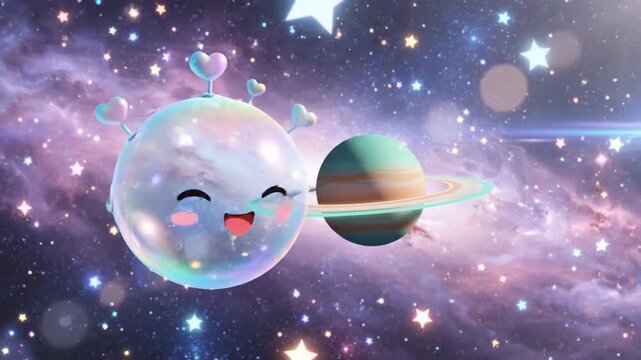 A smiling planetoid with hearts in the cosmic expanse of purple, pink and blue colors