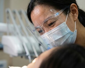 dentist examines a client's teeth while wearing safety gear in a dental clinic. The appointment focuses on oral health and treatment options.