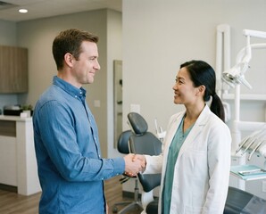 patient meets a dentist in a bright dental office. They smile and shake hands after discussing dental care. The office looks clean and welcoming.