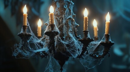 Chandelier covered in cobwebs with lit candles against a dark backdrop