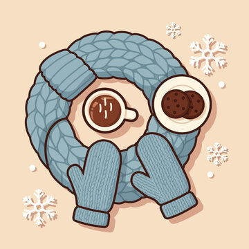 Cozy winter scene with mittens, knitted scarf, hot cocoa, and snowflakes for comfort and warmth