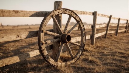 Fototapeta premium Rustic wagon wheel leaning against a weathered wooden fence in a field.