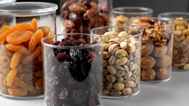 A close-up studio shot captures an organized display of various healthy dried fruits and nuts stored neatly in clear glass jars on a clean white surface, highlighting the warm, natural colors.