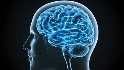 A striking 3d rendering shows the profile of a human head with the brain intensely glowing electric blue, visualizing complex thought processes against a dark, abstract background. - Powered by Adobe