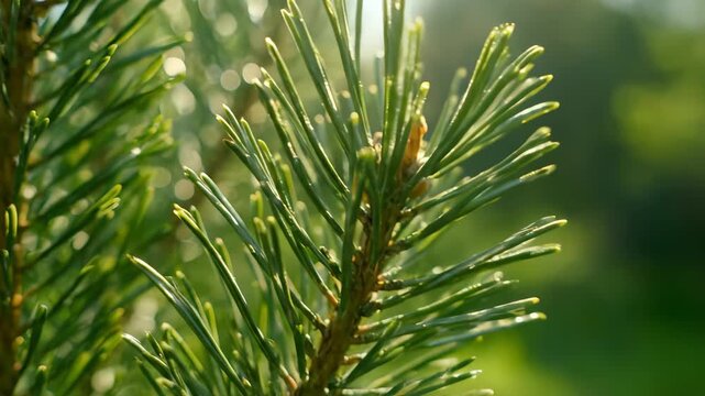 A close-up view of a pine tree branch in a serene natural environment