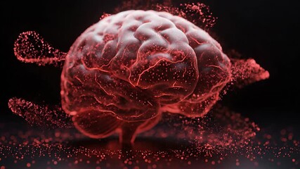 An abstract 3d rendering of a detailed human brain model intensely glowing crimson red, dissolving into energetic data particles against a deep black background. - Powered by Adobe