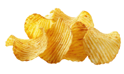 Wavy, golden-brown potato chips piled high against a dark background