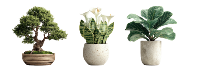 Three potted plants with different foliage sit side by side