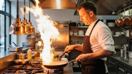 A male chef cooking with a large flame in a commercial kitchen, wearing a white shirt and brown apron. Perfect for cooking shows, restaurant promotions, and culinary blogs.