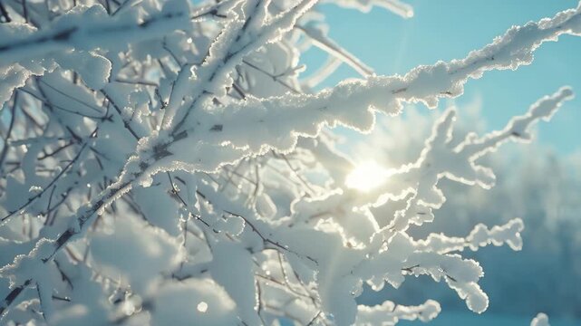 Captivating of a tree branch covered in freshly fallen snow under the clear blue sky with the sun shining.