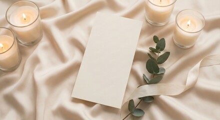 Elegant Blank Card Surrounded by Candles and Eucalyptus Leaves