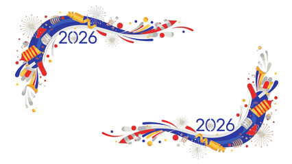 Colorful graphic frame with swirling lines and dots in red, blue, and yellow, featuring the year '2026' in a celebratory design on a white background.