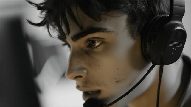 Young male deeply immersed in video game wearing headphones and staring intently at computer monitor.