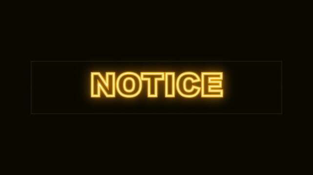 Notice information text animation with glowing yellow alert message on dark background