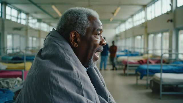 A man lying on a hospital bed with a blanket and staring off into the distance.