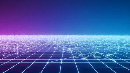 Futuristic Digital Network Background with Neon Blue and Purple Grid