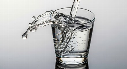 Splash of Hydration: A refreshing stream of clear liquid gracefully pours into a crystal glass, creating a dynamic splash that embodies purity and revitalisation.