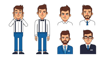 Fototapeta premium A vector illustration featuring a set of cartoon male characters with different expressions and outfits, showcasing various styles for professional or casual representation.