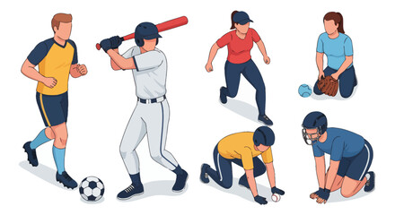 Fototapeta premium A dynamic collection of diverse vector illustrations depicting various individuals actively engaged in popular sports activities such as baseball, soccer, and running.