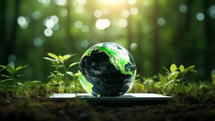 A close-up shot of a vibrant Earth globe sprouting lush green foliage, symbolizing growth, renewal, and the interconnectedness between nature and our planet. - Powered by Adobe