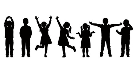 A collection of diverse children's silhouettes in playful and active poses, perfect for various design projects, isolated as a clean vector graphic on white.